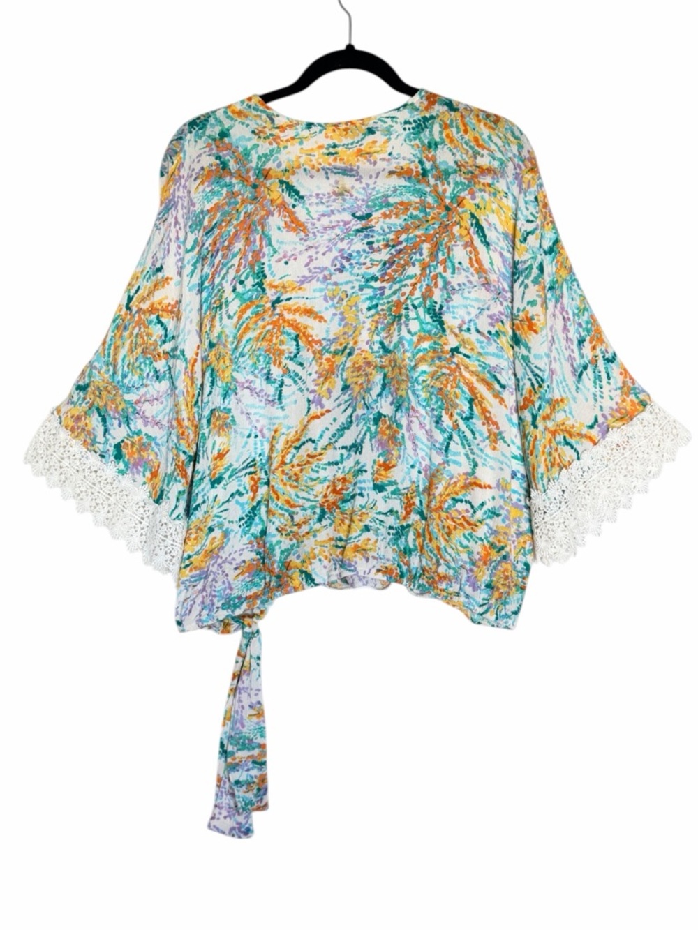 Democracy Floral Tie-Front Crochet Lace Top XL Boho Kimono Sleeve Blouse